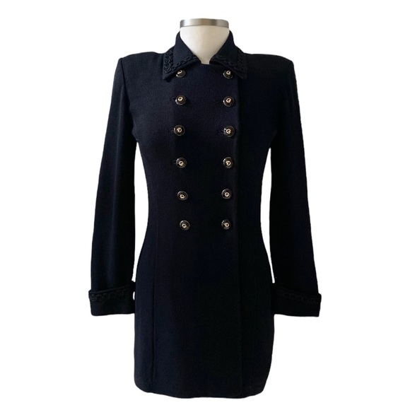 St. John Jackets & Blazers - St. John Black Double Breasted Long Knit Jacket with Braided Trim Size 4